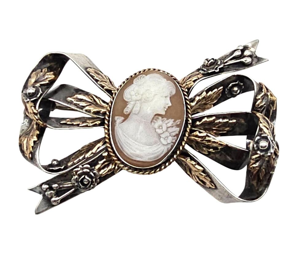 Vintage Hobe Style Carved Shell Cameo Ribbon Brooch Sterling Silver 14K GF